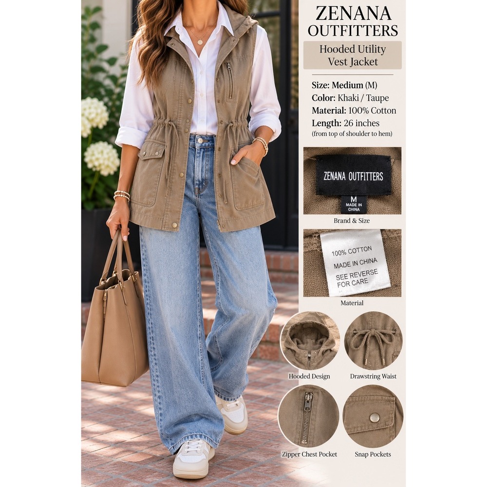 Zenana Outfitters Khaki Taupe Hooded Utility Vest Cotton Drawstring Waist M